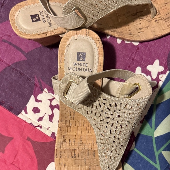 White Mountain Tan Perforated Elastic Cork Wedge Sandals - Picture 2 of 5